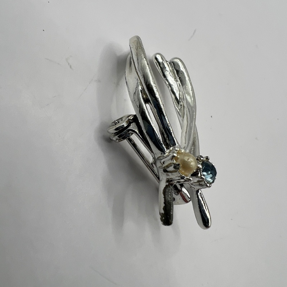 Vintage Double Wishbone Brooch Faux Pearl Blue Rhinestone Silver Tone‎ Pin - Picture 3 of 7
